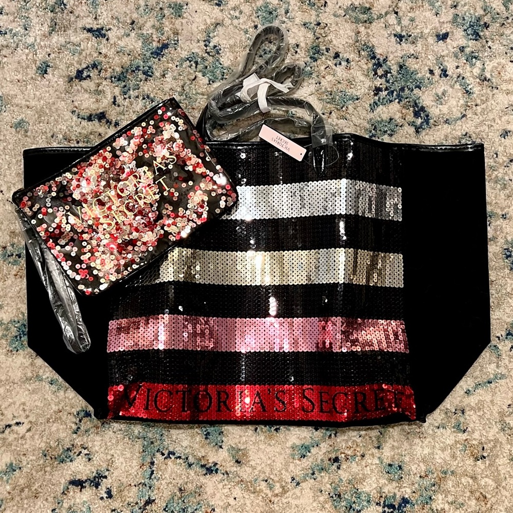 NEW! Victoria's Secret Black Silver Gold Pink Red Striped Sequin Tote Makeup Bag